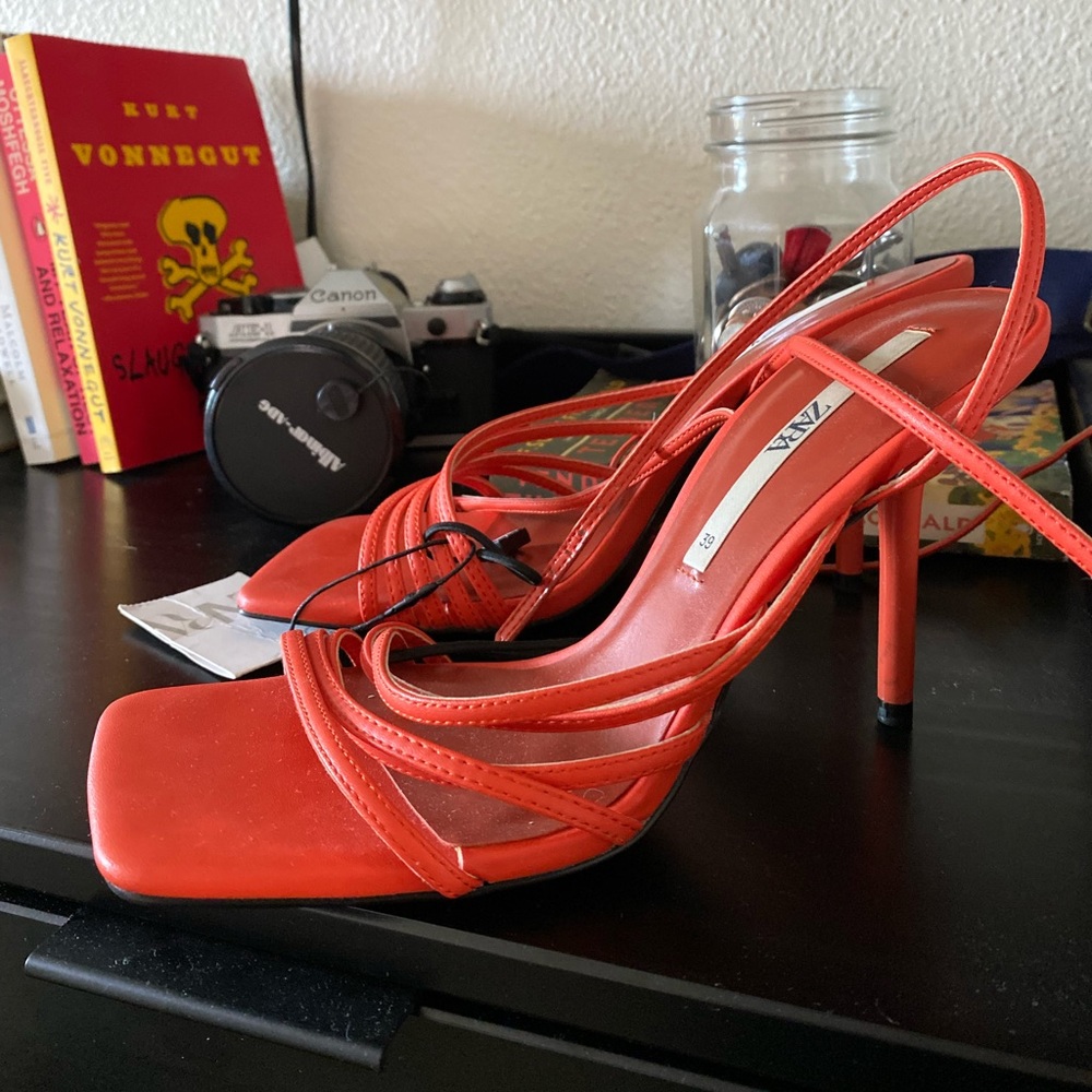 Orange square toe heeled sandals